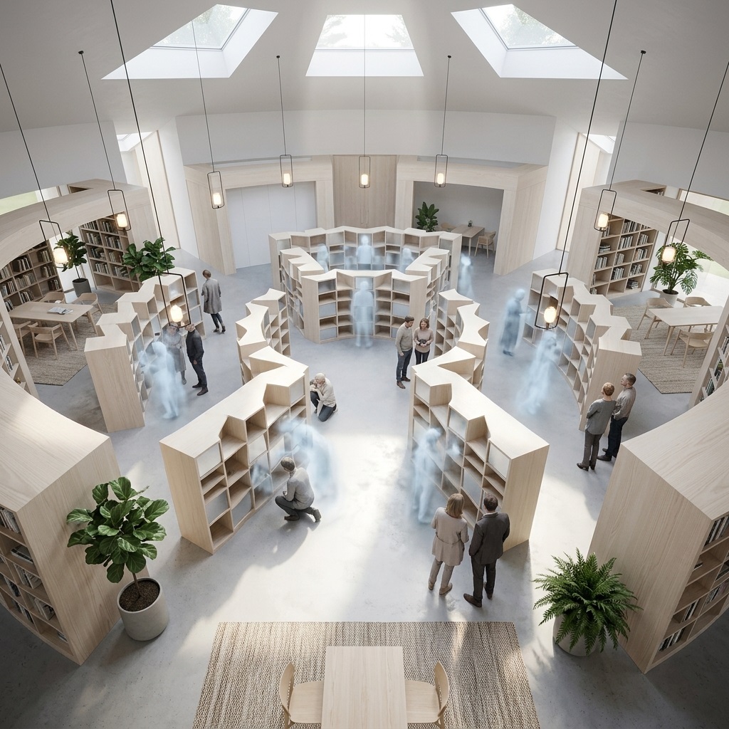 Bibliothèque scandinave lumineuse avec présences éthérées